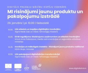 Vizuāli uz lillā fonā sniegta informācija par digitālo prasmju iespēju vebināru - kad un kur notiek, kā arī saturu.