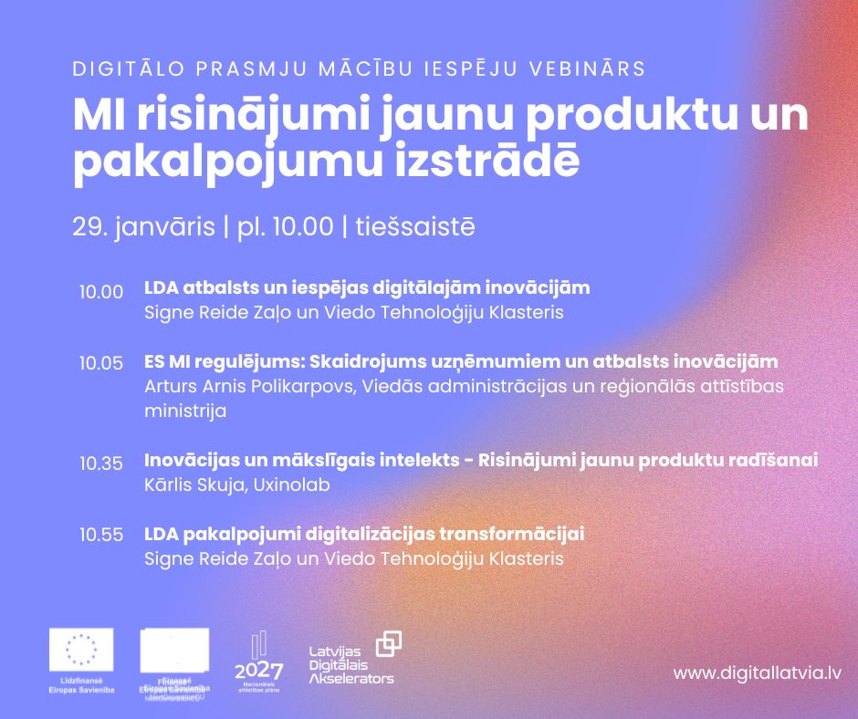 Vizuāli uz lillā fonā sniegta informācija par digitālo prasmju iespēju vebināru - kad un kur notiek, kā arī saturu.