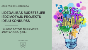 Attēlā ir plakāts par Tukuma novadā ieviešamo līdzdalības budžeta jeb iedzīvotāju projektu ideju konkursu, kas tiks uzsākts 2025. gadā. Šis konkurss sniedz iespēju vietējiem iedzīvotājiem piedalīties lēmumu pieņemšanā par projektu finansēšanu. Dizainā redzams radošs gaismas spuldzes attēls, kas piepildīts ar simboliem, kas atspoguļo idejas, izaugsmi un inovācijas. Plakāts aicina iedzīvotājus piedalīties šajā svarīgajā iniciatīvā, lai ietekmētu savu novadu nākotni.