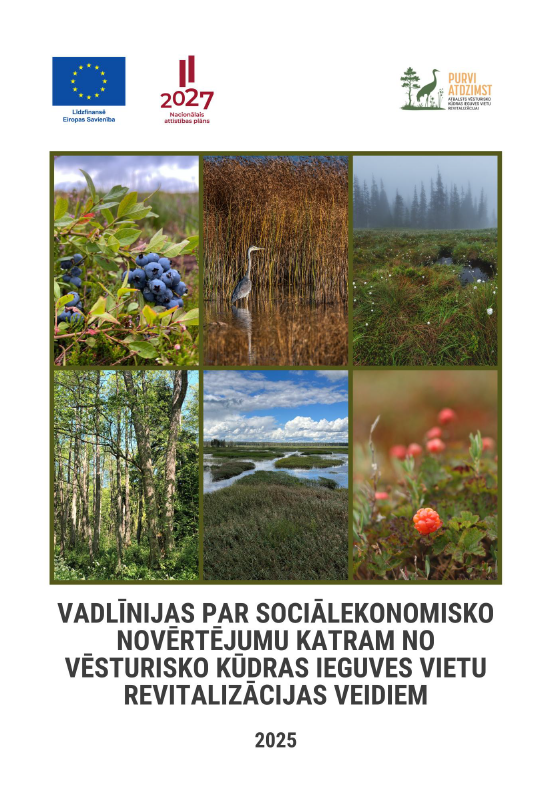 Vadlīniju titullapa par sociālekonomisko novērtējumu vēsturisko kūdras ieguves vietu revitalizācijā, ar Eiropas Savienības un citu institūciju logotipiem un dabas fotogrāfiju kolāžu – purvu, mežu, ūdeņu ainavām un augiem, norādīts gads 2025.