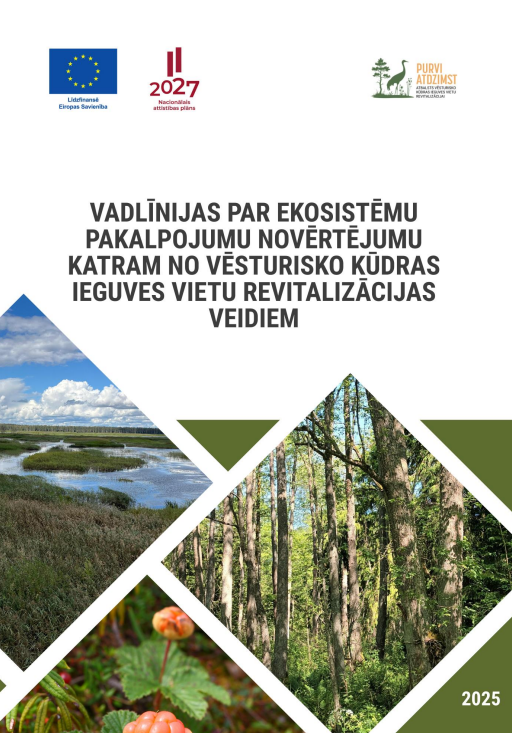 Vadlīniju titullapa ar nosaukumu par ekosistēmu pakalpojumu novērtējumu vēsturisko kūdras ieguves vietu revitalizācijā, redzami Eiropas Savienības un citu institūciju logotipi, kā arī dabas fotogrāfijas ar purvu, mežu un ogām, norādīts gads – 2025.