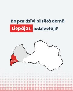 Grafika ar uzrakstu “Ko par dzīvi pilsētā domā Liepājas iedzīvotāji?”. Uz gaiša fona redzama Latvijas karte, kur sarkanā krāsā izcelta Liepāja valsts rietumu piekrastē. Apakšdaļā dekoratīvs punktu raksts.