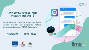 Attēlā informācija par NVA EURES konsultantu tiešsaistes pieejamību: konsultācijas par darbu, dzīves apstākļiem un nodokļiem ES/EEZ valstīs. Norādīts laiks – piektdienās plkst. 13.00–15.00, vizuāli attēlots čats un digitāli elementi.