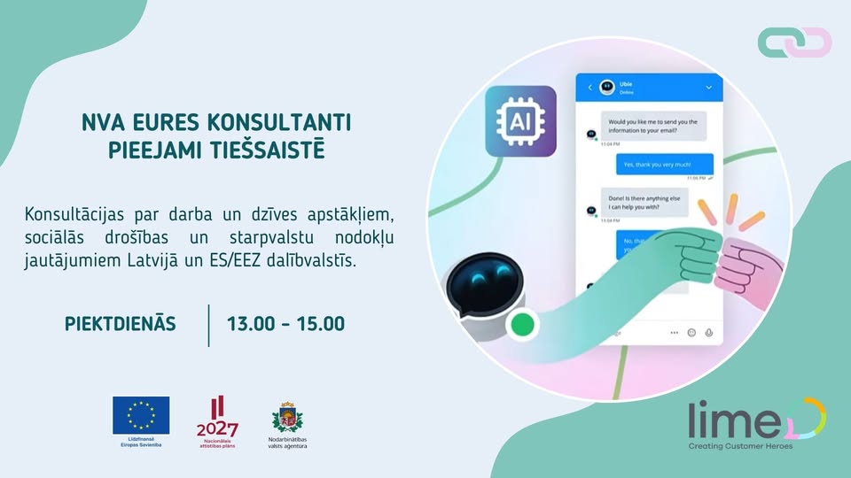 Attēlā informācija par NVA EURES konsultantu tiešsaistes pieejamību: konsultācijas par darbu, dzīves apstākļiem un nodokļiem ES/EEZ valstīs. Norādīts laiks – piektdienās plkst. 13.00–15.00, vizuāli attēlots čats un digitāli elementi.