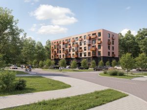 Daudzdzīvokļu dzīvojamās ēkas vizualizācija ar pieciem stāviem, balkoniem un apzaļumotu apkārtni. Priekšplānā redzams ceļš, gājēju ietve un velobraucēji, teritorijā stādīti koki un novietotas automašīnas.