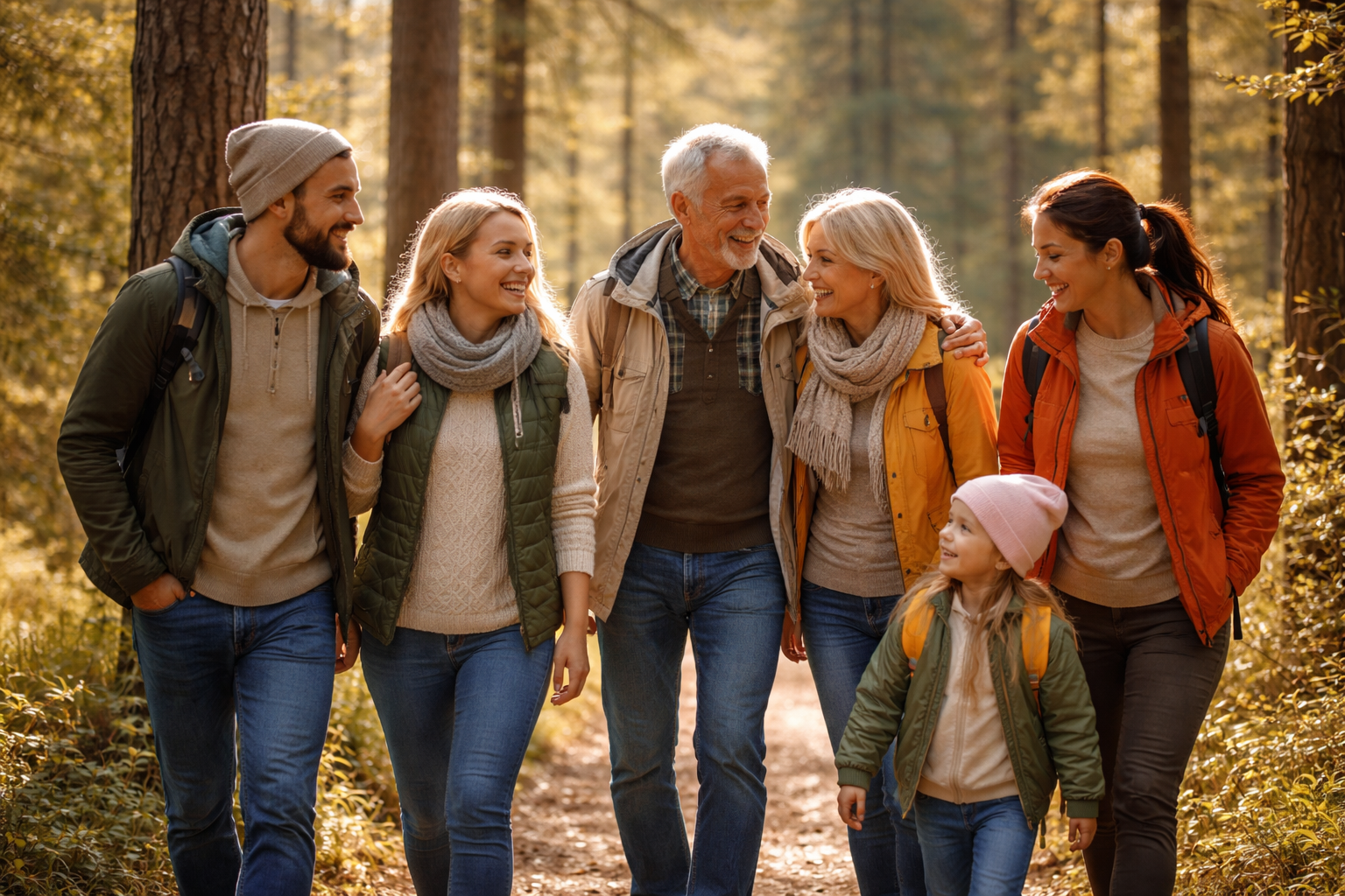 Ģimene ar trim pieaugušajiem un diviem bērniem dodas pastaigā pa saulainu meža taku rudenī. Visi ir silti ģērbušies, smaidīgi un sarunājas, baudot kopā būšanu dabā starp kokiem un krītošām lapām.