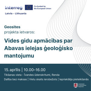 Plakāts par Geosites projekta ietvaros organizētām vides gidu apmācībām Abavas ielejā. Norādīts datums 15. aprīlis, laiks 10.00–16.00 un tikšanās vieta – Īvandes ūdenskritumi, Renda. Dalība bez maksas, vietu skaits ierobežots, nepieciešama iepriekšēja pieteikšanās.