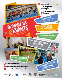 Krāsains plakāts “Olimpiskais kvants 2026” ar jauniešu sporta nometņu informāciju – datumi Ventspilī un Valmierā, aktivitātes par sportu, personības izaugsmi, latviešu valodu un dalībnieku iesaisti.