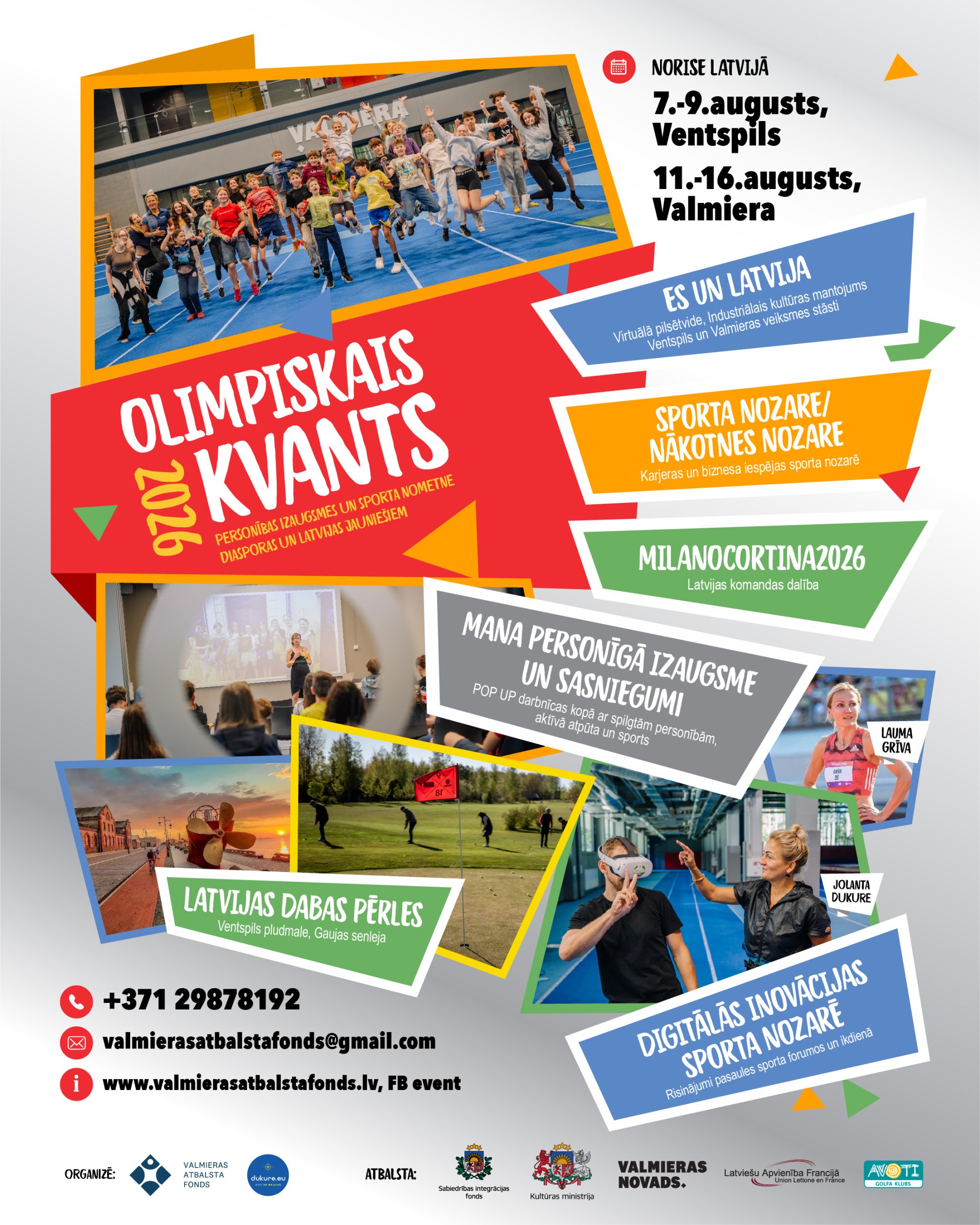 Krāsains plakāts “Olimpiskais kvants 2026” ar jauniešu sporta nometņu informāciju – datumi Ventspilī un Valmierā, aktivitātes par sportu, personības izaugsmi, latviešu valodu un dalībnieku iesaisti.