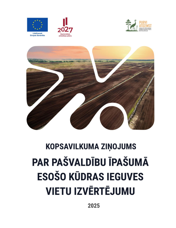 Dokumenta titullapa ar fotogrāfiju no kūdras ieguves teritorijas purvā. Attēlā redzami ES, Nacionālā attīstības plāna un projekta “Purvi atdzimst” logotipi, kā arī virsraksts “Kopsavilkuma ziņojums par pašvaldību īpašumā esošo kūdras ieguves vietu izvērtējumu”, 2025.