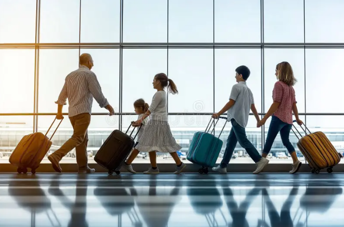 Ģimene ar četriem bērniem soļo lidostas gaitenī ar čemodāniem, fonā liels panorāmas logs ar skatu uz lidlauku. Silts apgaismojums, spoguļattēls grīdā.