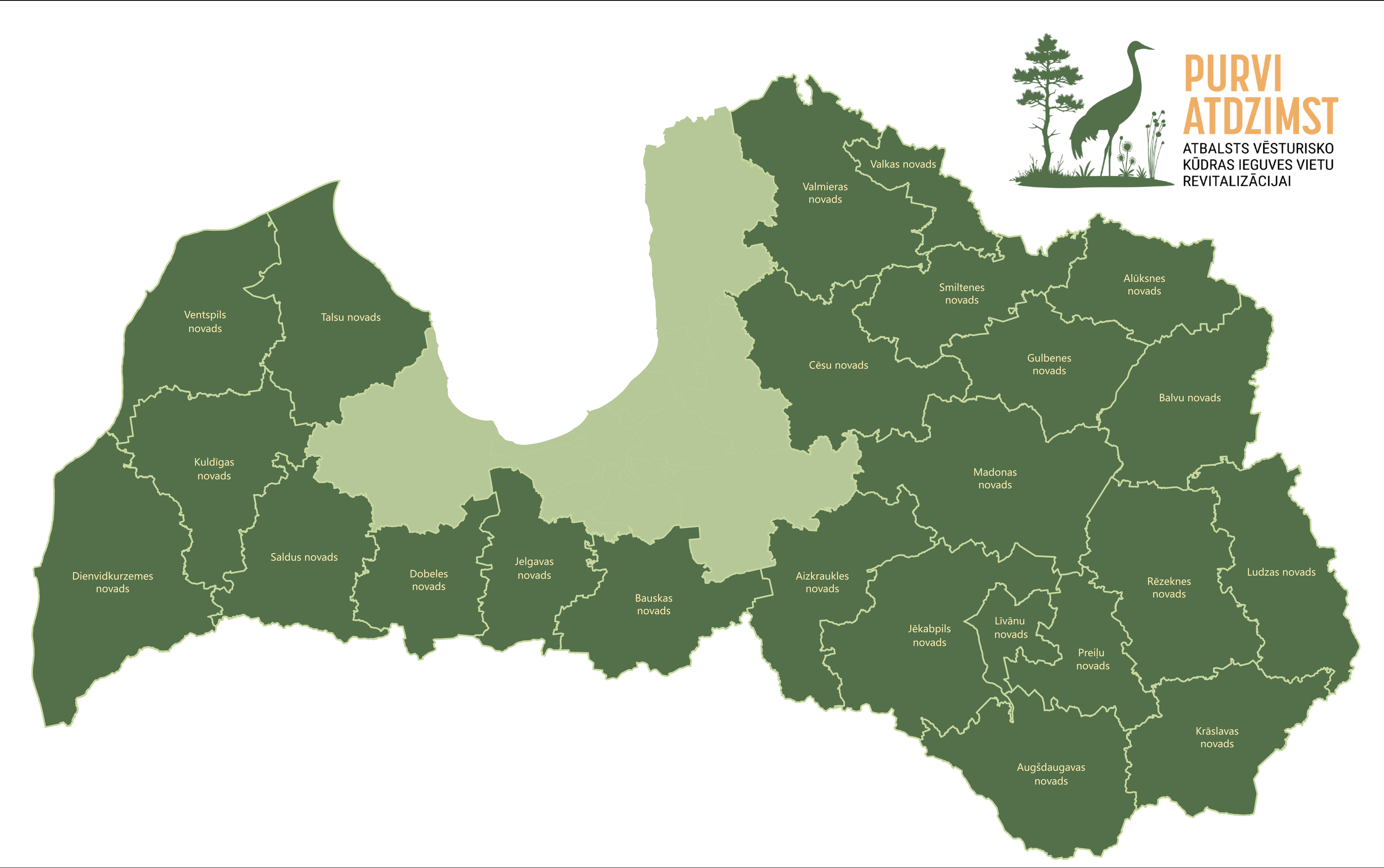 Latvijas karte ar izceltām Taisnīgas pārkārtošanās fonda projekta teritorijām Kurzemes, Vidzemes, Zemgales un Latgales reģionos. Kartē norādīti novadi, bet augšējā stūrī redzams projekta “Purvi atdzimst – atbalsts vēsturisko kūdras ieguves vietu revitalizācijai” logotips.