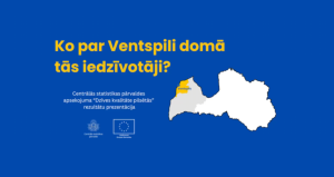 Infografika ar virsrakstu “Ko par Ventspili domā tās iedzīvotāji?” uz zila fona. Attēlā redzama Latvijas karte ar izceltu Ventspili. Norādīts, ka dati balstīti Centrālās statistikas pārvaldes pētījumā par dzīves kvalitāti pilsētās.