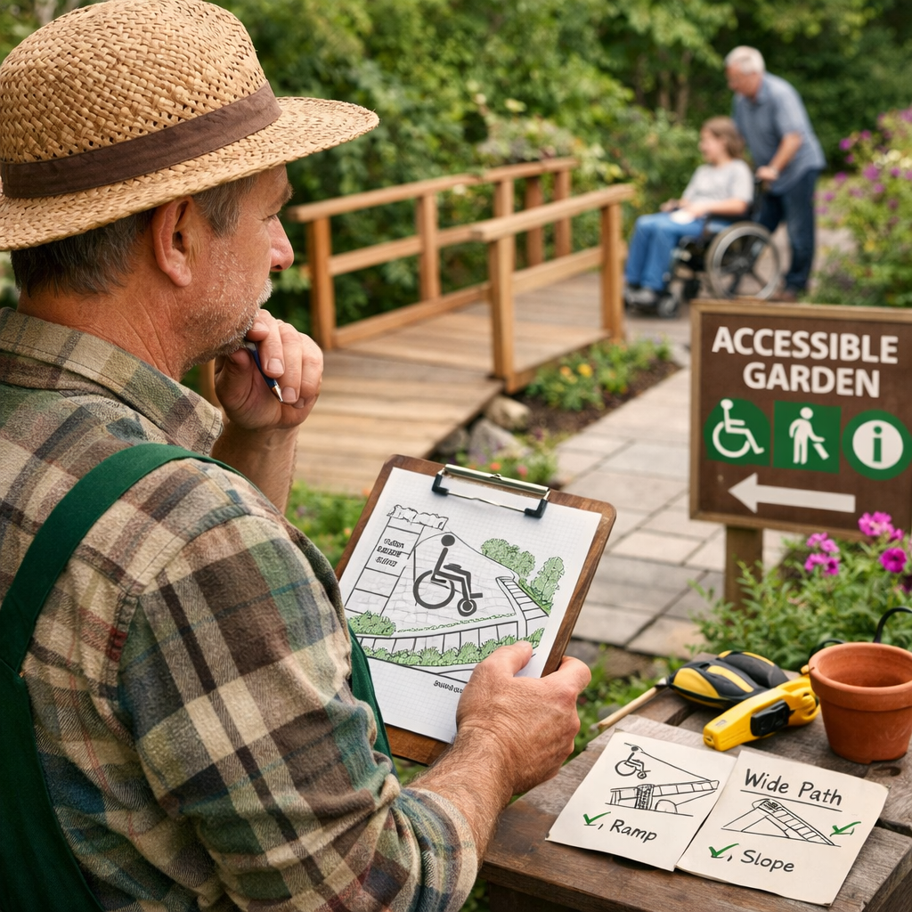 Cilvēks dārzā ar plānu rokās izvērtē pieejamības risinājumus, redzamas norādes uz pieejamu vidi. Fonā citi cilvēki izmanto pielāgotu dārza infrastruktūru ar celiņiem un rampām.