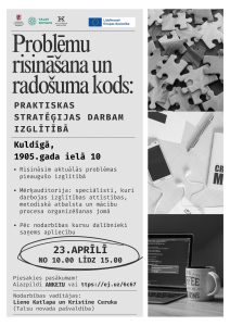 Afiša par pedagogu profesionālās pilnveides programmu Kuldīgā 23. aprīlī. Norādīta norises vieta, laiks, saturs un pieteikšanās saite. Labajā pusē redzami attēli ar puzles gabaliņiem, darba vidi un datoru.