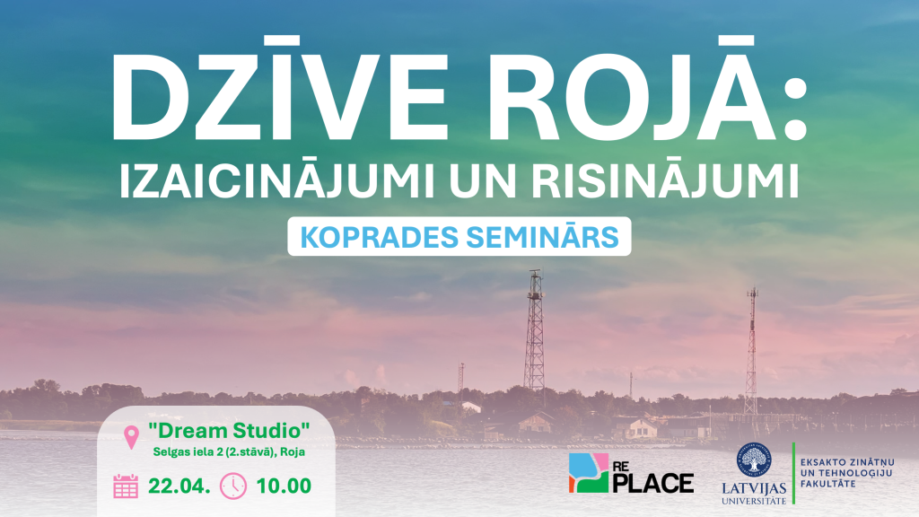 Plakāts ar tekstu “Dzīve Rojā: izaicinājumi un risinājumi” un norādi “Koprades seminārs”. Attēlots piekrastes ainavas fons ar Rojas ostas infrastruktūru. Norādīta norises vieta “Dream Studio”, datums 22.04. un laiks 10.00, kā arī organizatoru logotipi.