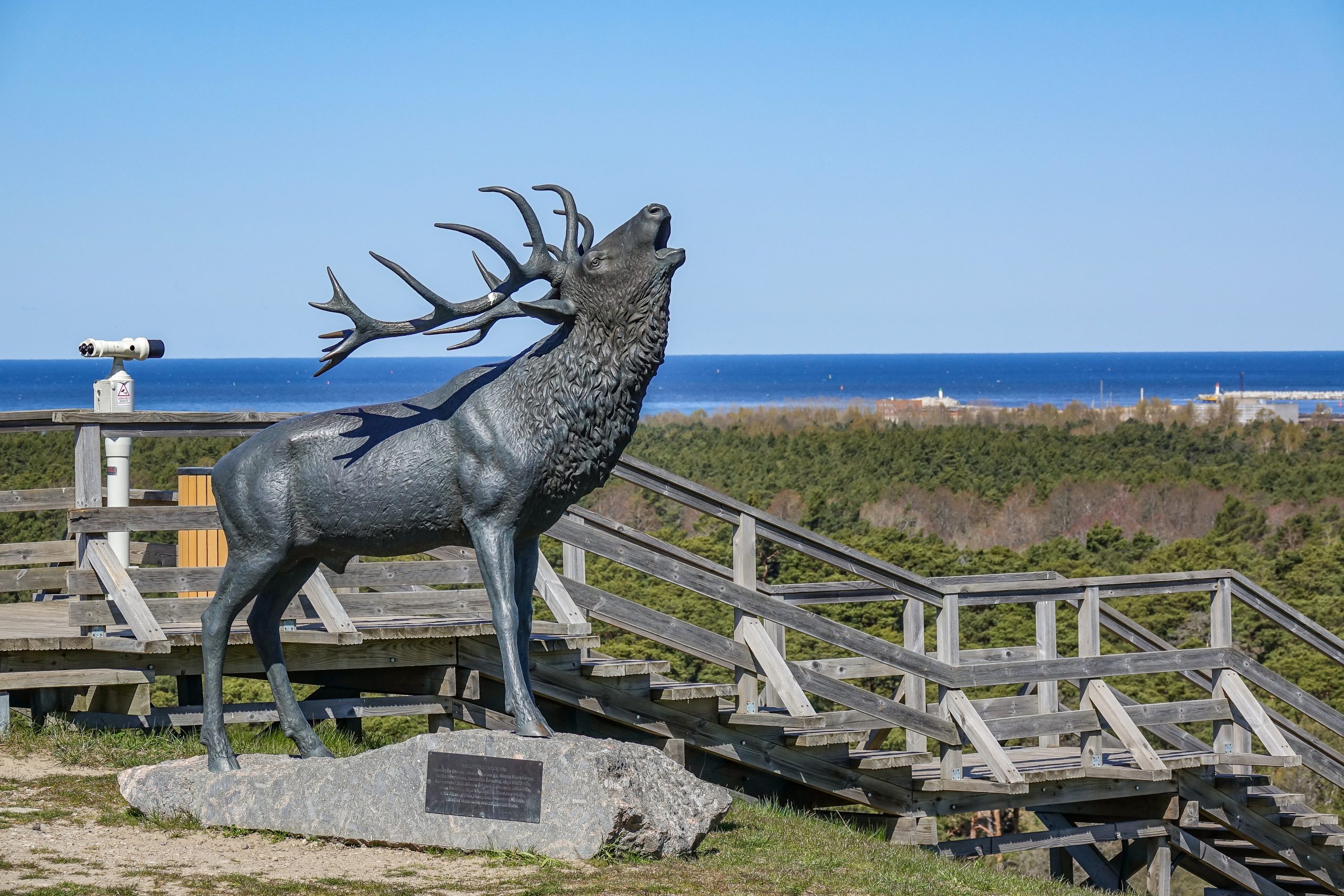 Bronzas brieža skulptūra ar paceltu galvu uz skatu platformas pie jūras. Fonā redzams mežs, Baltijas jūra un ostas teritorija, kā arī koka kāpnes un skatu vieta apmeklētājiem.