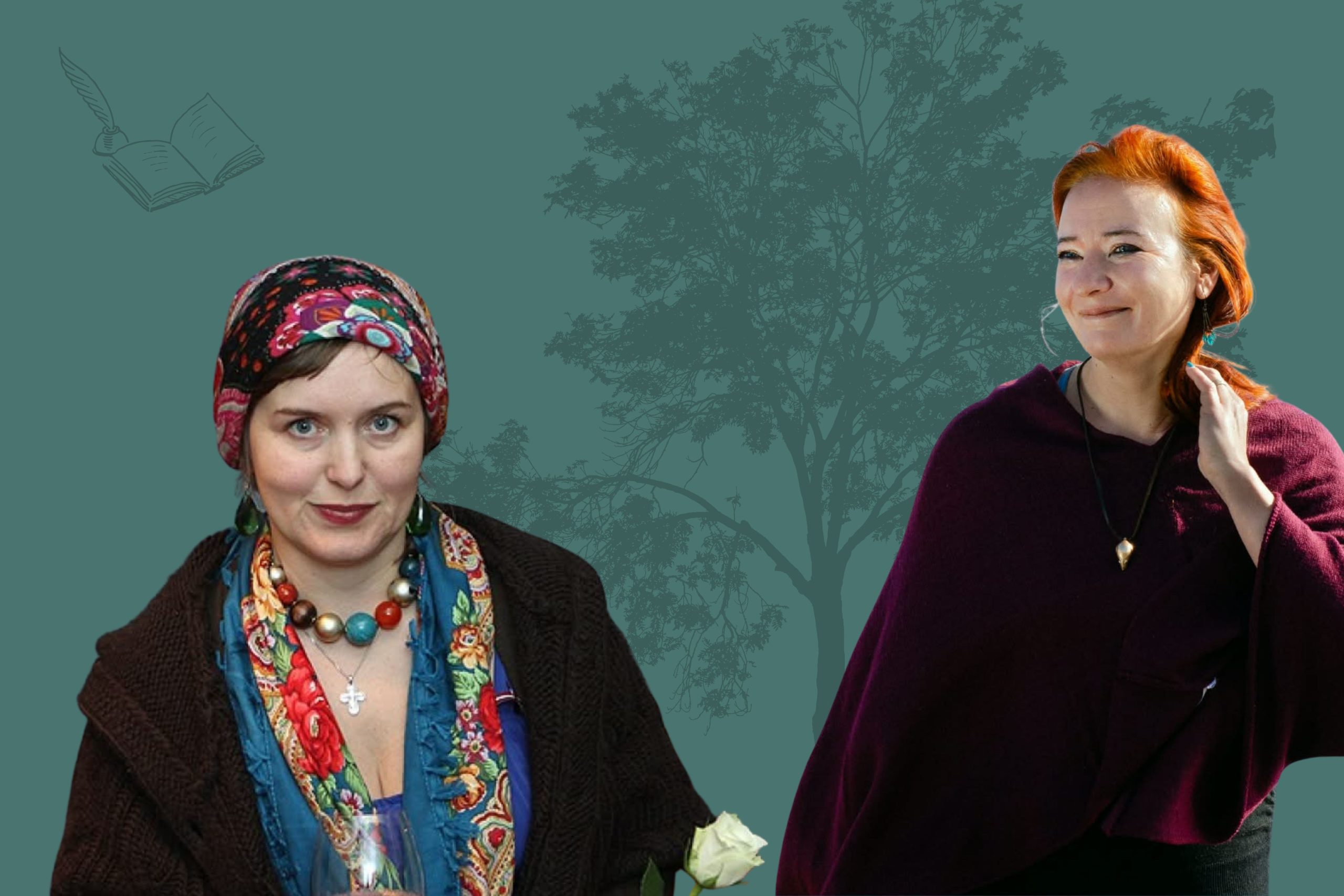 Divas rakstnieces – Kristīne Ulberga un Andra Manfelde – uz zaļa fona ar koka siluetu. Viena ar krāsainu lakatu un rotām, otra ar sarkaniem matiem tumšā apģērbā, afiša literāram pasākumam “Lasām pavasari”.