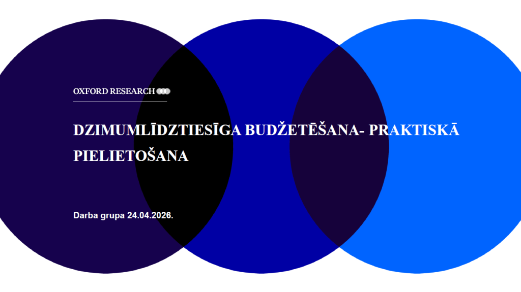 Prezentācijas titullapa ar uzrakstu “Dzimumlīdztiesīga budžetēšana – praktiskā pielietošana”. Augšā norādīts “Oxford Research”, apakšā – “Darba grupa 24.04.2026.” Fons veidots no pārklājošiem tumši ziliem un violetiem apļiem.