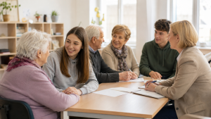 Dažādu paaudžu cilvēki sēž pie galda gaišā telpā un sarunājas. Jaunieši, seniori un speciāliste iesaistās draudzīgā diskusijā, simbolizējot sadarbību, atbalstu un kopienas saliedētību.