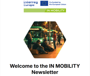 IN MOBILITY newsletter titulattēls ar Interreg Europe un Eiropas Savienības līdzfinansējuma logotipiem, pilsētas mobilitātes foto un tekstu “Welcome to the IN MOBILITY Newsletter”.