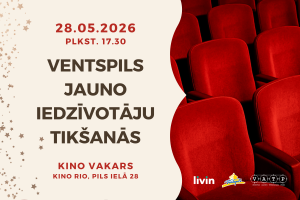 Pasākuma plakāts Ventspils jauno iedzīvotāju tikšanās kino vakaram 28.05.2026. Kino Rio, ar sarkanu kinoteātra krēslu attēlu un organizatoru logotipiem.