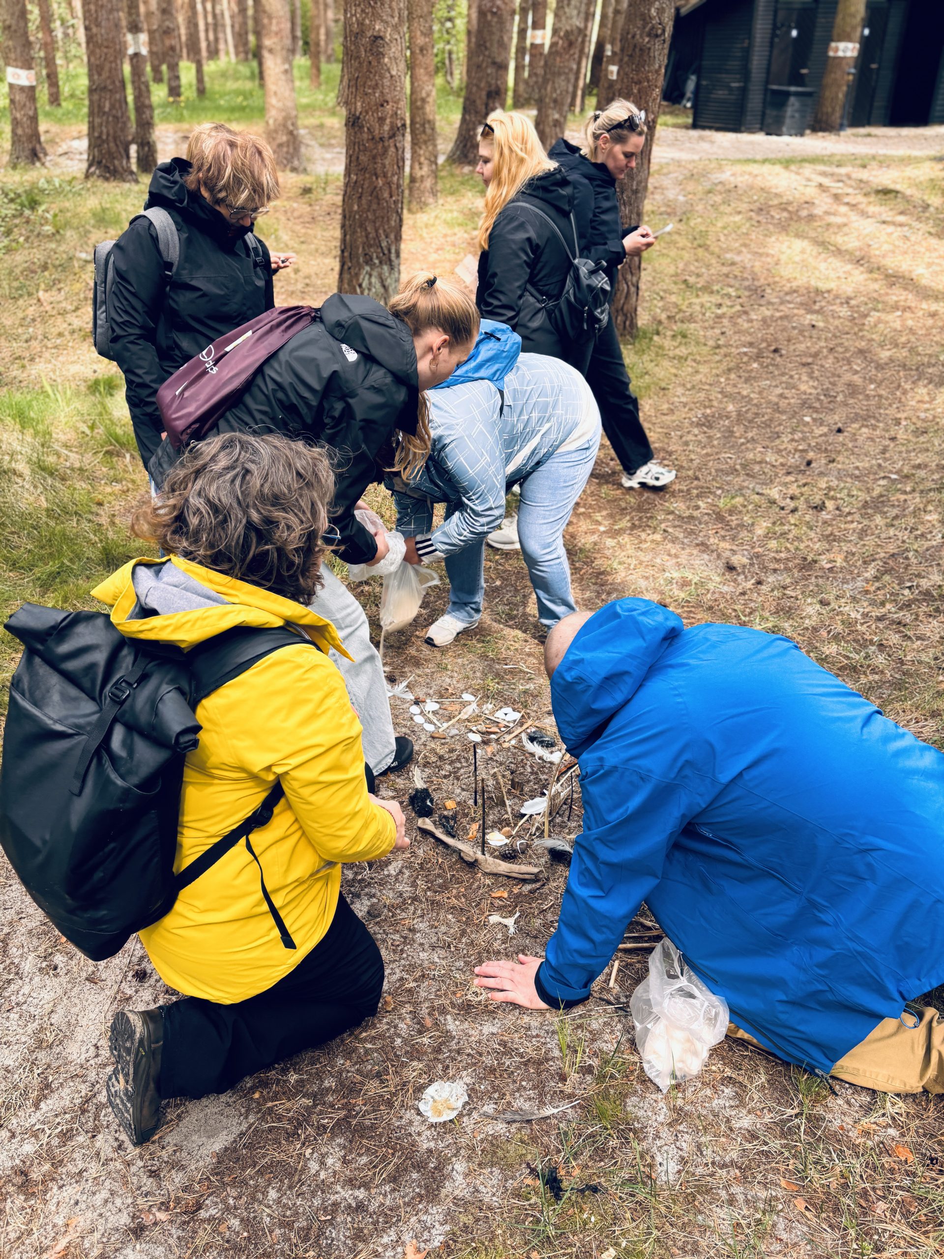 Projekta partneri mežā piedalās praktiskā dabas un maņu treniņa aktivitātē, veidojot kompozīciju no dabas materiāliem ilgtspējīgas līderības sanāksmes laikā.