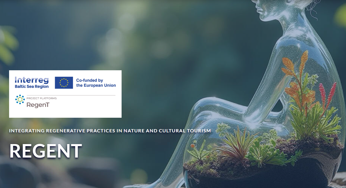 ReGenT projekta titulattēls ar Interreg un Eiropas Savienības līdzfinansējuma logotipiem, tekstu par reģeneratīvām praksēm tūrismā un stilizētu cilvēka figūru ar augiem.