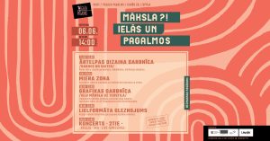 Pasākuma plakāts “Māksla?! ielās un pagalmos” Pegaza pagalmā Liepājā, ar darbnīcu, miera zonas un koncerta programmu uz oranža grafiska fona.