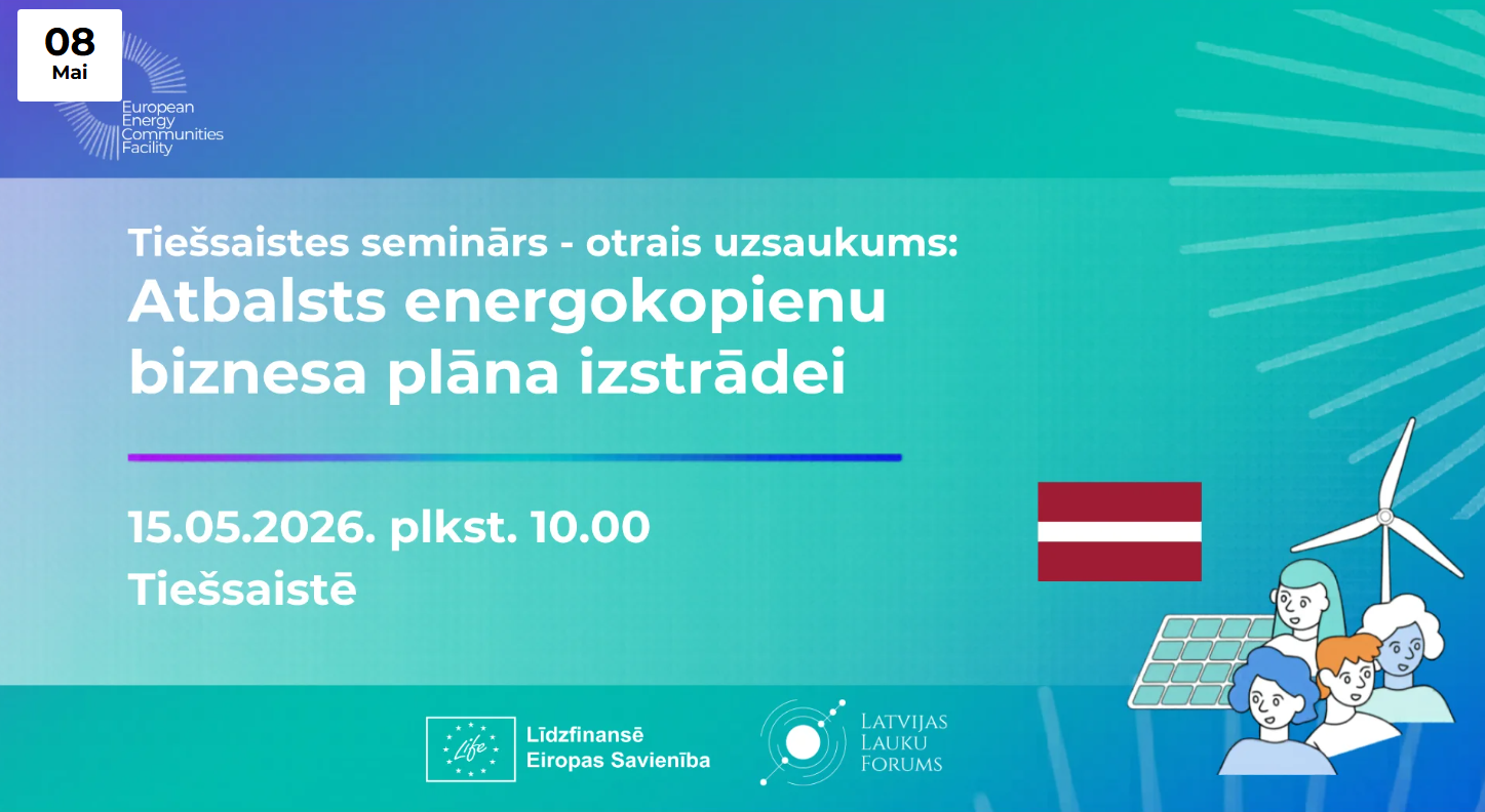 Tiešsaistes semināra vizuālis par atbalstu energokopienu biznesa plāna izstrādei 15. maijā, ar Latvijas karogu, enerģijas kopienas ilustrāciju un projekta logo.