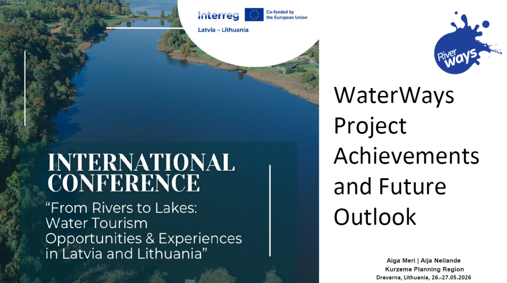 Konferences prezentācijas titulslaids ar skatu uz upi un tekstu “International Conference: From Rivers to Lakes: Water Tourism Opportunities & Experiences in Latvia and Lithuania”. Labajā pusē norādīta tēma “WaterWays Project Achievements and Future Outlook”.