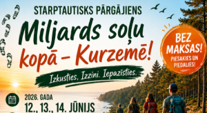 Attēls ar starptautiskā pārgājiena “Miljards soļu kopā - Kurzemē!” vizuāli, kurā redzams pasākuma nosaukums, sauklis “Izkusties. Izzini. Iepazīsties.”, datumi 12., 13. un 14. jūnijs un norāde par bezmaksas dalību.
