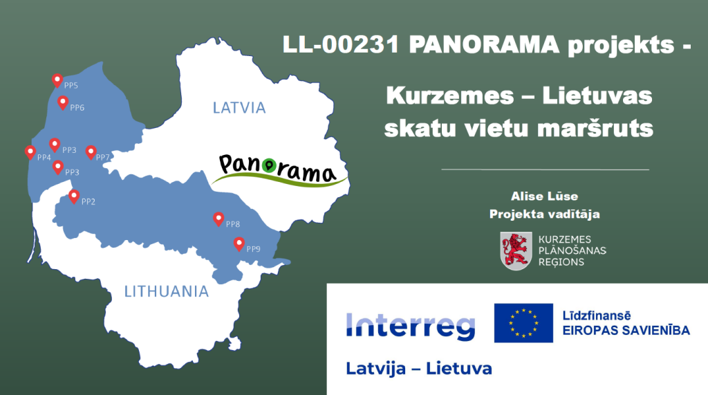 Prezentācijas slaids par PANORAMA projektu ar Latvijas un Lietuvas karti, maršruta punktiem un Interreg logotipu.