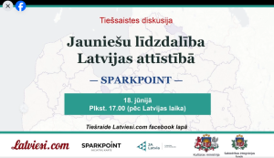Tiešsaistes diskusijas afiša par jauniešu līdzdalību Latvijas attīstībā ar datumu, laiku un partneru logotipiem.