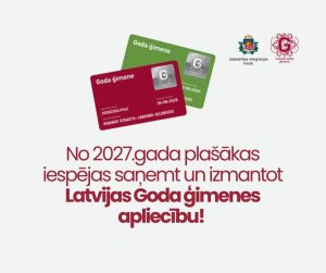 Latvijas Goda ģimenes apliecības dizaina kartes ar SIF un programmas logo, informējot par plašākām iespējām no 2027. gada.