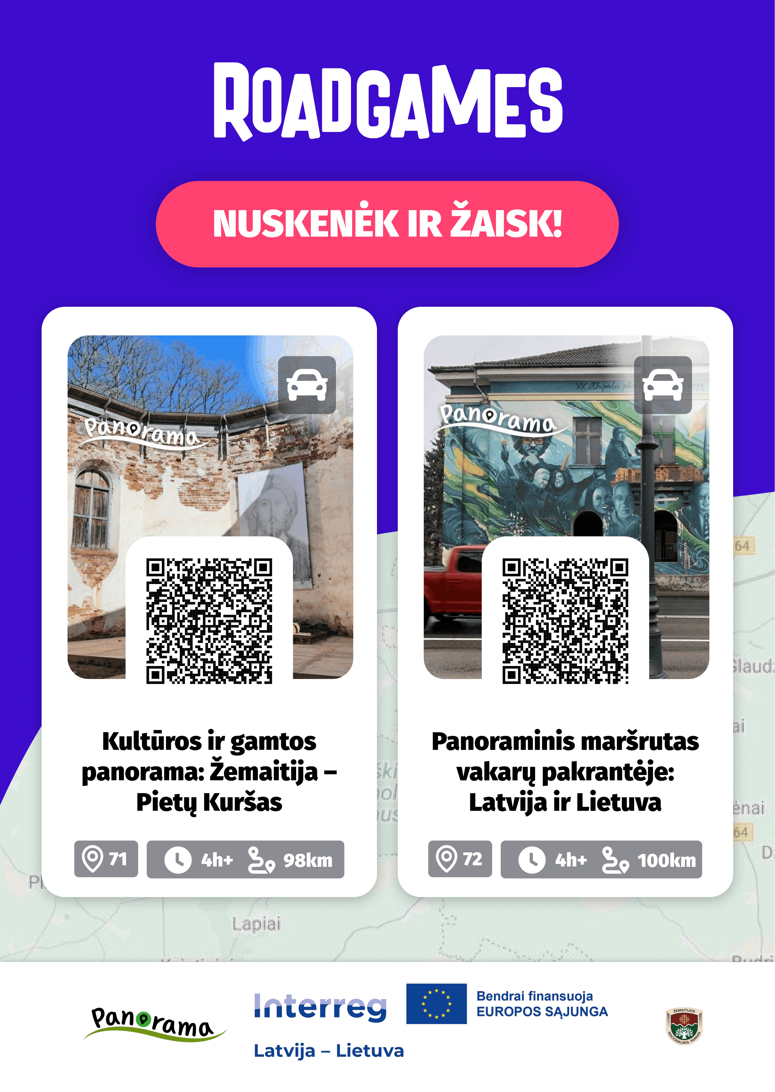 Roadgames plakāts ar diviem panorāmas auto maršrutiem, QR kodiem, attālumu, ilgumu un Interreg finansējuma logotipiem.