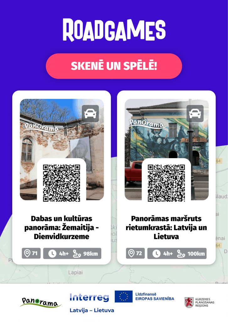 Roadgames plakāts ar diviem auto maršrutiem Latvijā un Lietuvā, QR kodiem, punktu skaitu, ilgumu un attālumu.