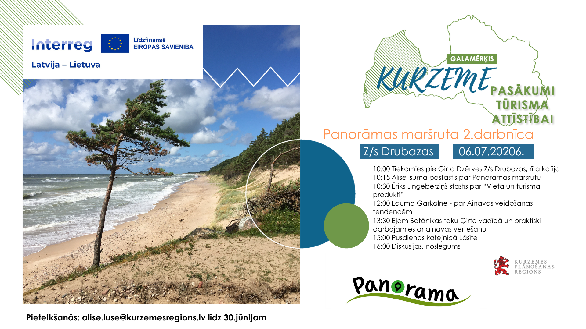 Plakāts aicina pieteikties Panorāmas maršruta 2. darbnīcai Kurzemē ar programmu Z/s Drubazās un piejūras ainavu.