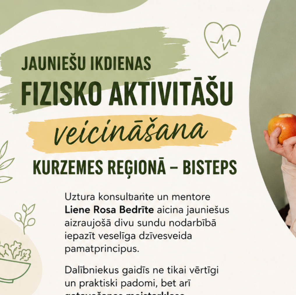 Afišas fragments aicina jauniešus Kurzemē uz nodarbību par veselīga dzīvesveida un fizisko aktivitāšu veicināšanu.