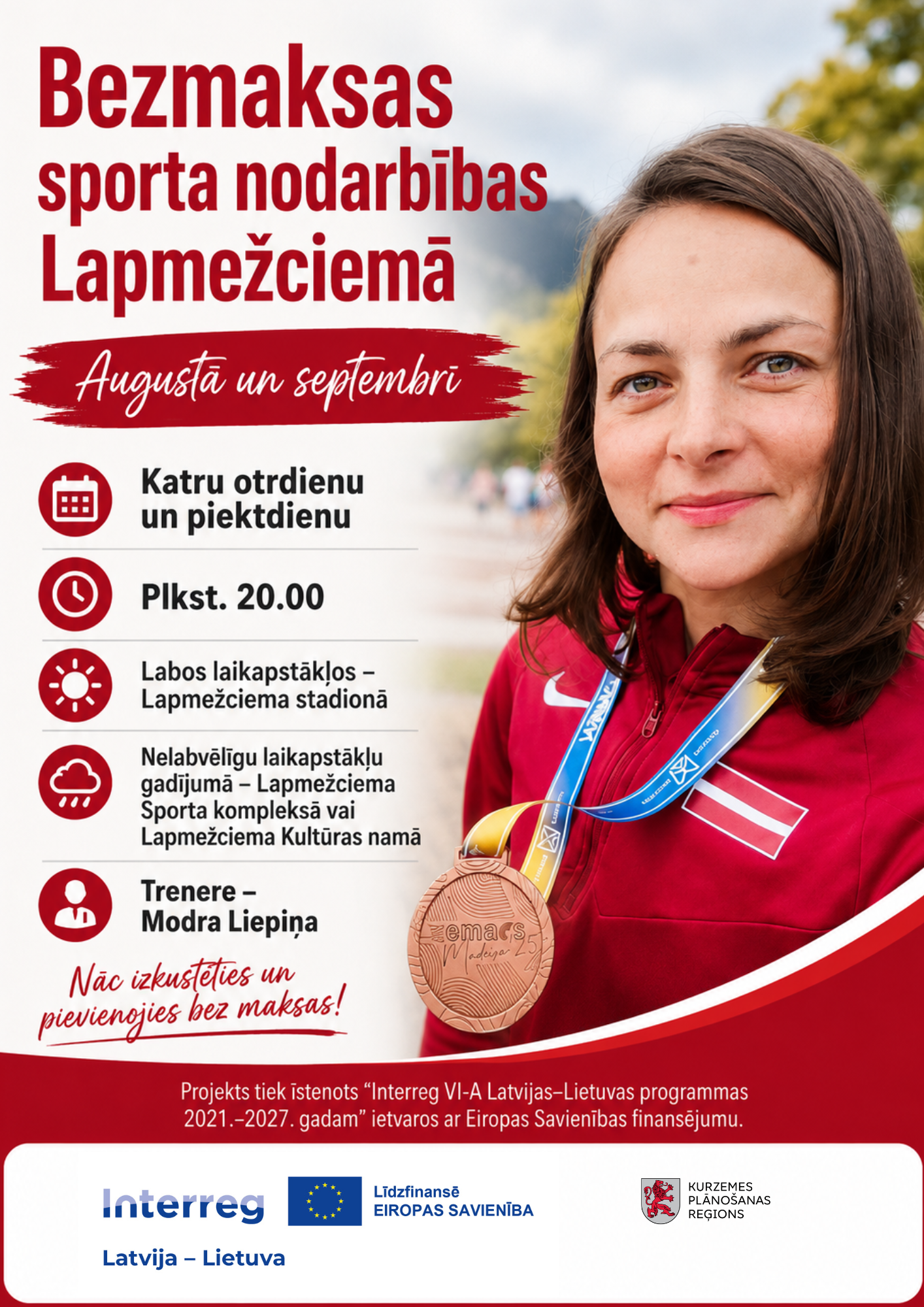 Afiša aicina uz bezmaksas sporta nodarbībām Lapmežciemā augustā un septembrī treneres Modras Liepiņas vadībā.