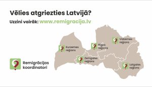 Latvijas karte ar remigrācijas koordinatoru vietām Kurzemes, Rīgas, Vidzemes, Zemgales un Latgales reģionos un vietnes adresi.