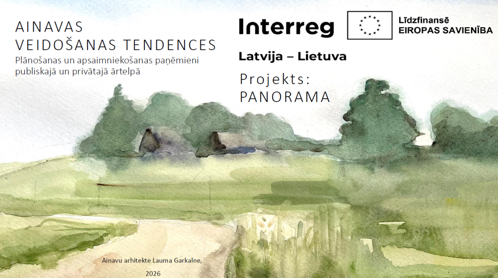 Prezentācijas tituls par ainavas veidošanas tendencēm PANORAMA projektā ar akvareļa ainavu un Interreg atbalstu.
