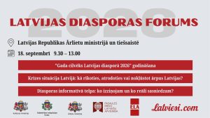 Latvijas diasporas foruma 2026 afiša ar norises laiku, vietu Ārlietu ministrijā, diskusiju tēmām un organizatoru logotipiem.