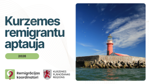 Vizualizācija “Kurzemes remigrantu aptauja 2026” ar Kolkas bākas foto un Kurzemes plānošanas reģiona un remigrācijas koordinatoru logotipiem.
