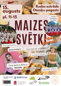 Trešo Maizes svētku afiša ar maizes izstrādājumiem, dalībnieku foto un informāciju par 15. augusta pasākumu Rudes estrādē.