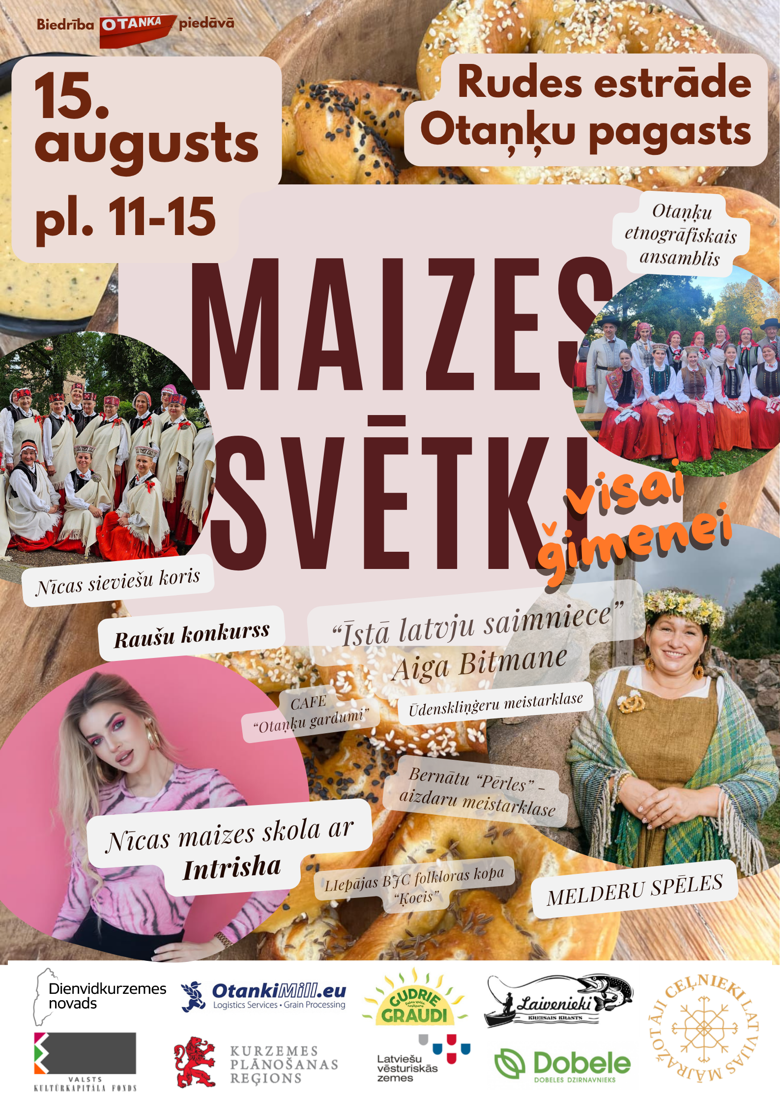 Trešo Maizes svētku afiša ar maizes izstrādājumiem, dalībnieku foto un informāciju par 15. augusta pasākumu Rudes estrādē.