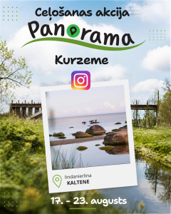Ceļošanas akcijas “Panorama Kurzeme” ieraksts ar akmeņaino Kaltenes jūrmalu, Instagram simbolu un datumiem 17.–23. augusts.