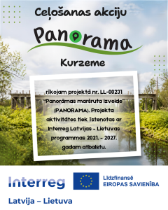 Ceļošanas akcijas “Panorama Kurzeme” afiša ar projekta PANORAMA informāciju, Interreg Latvija–Lietuva un ES līdzfinansējuma norādi.