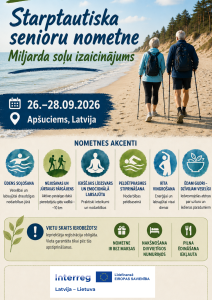Plakāts par starptautisku senioru nometni “Miljarda soļu izaicinājums” Apšuciemā, ar datumiem, aktivitātēm un pārgājiena attēlu.